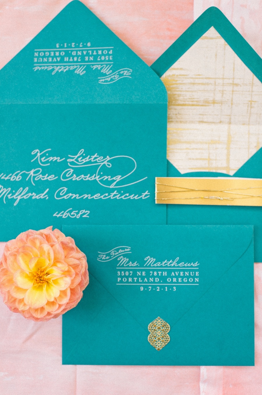 Aqua and White Wedding Invitations | Kat Harris Photography | https://heyweddinglady.com/playful-pink-gold-preppy-bridal-shoot/ Aqua and White Wedding Invitations